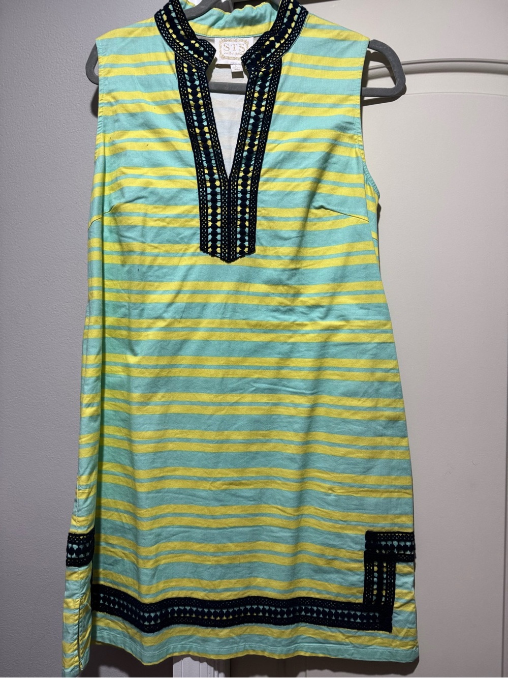 Sail to Sable Yellow and Aqua Striped Sleeveless Shift Dress with Navy Trim